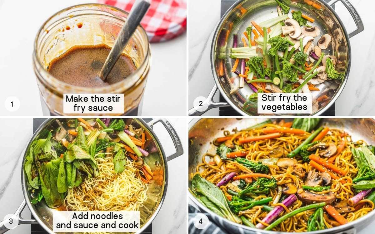 A collage of 4 images on how to make a stir fry