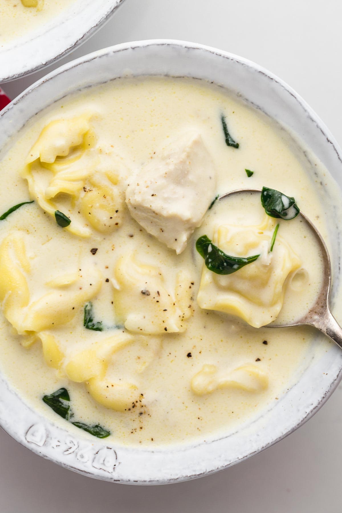 Overhead shot of bowl of alfredo chicken tortellini soup with spinach