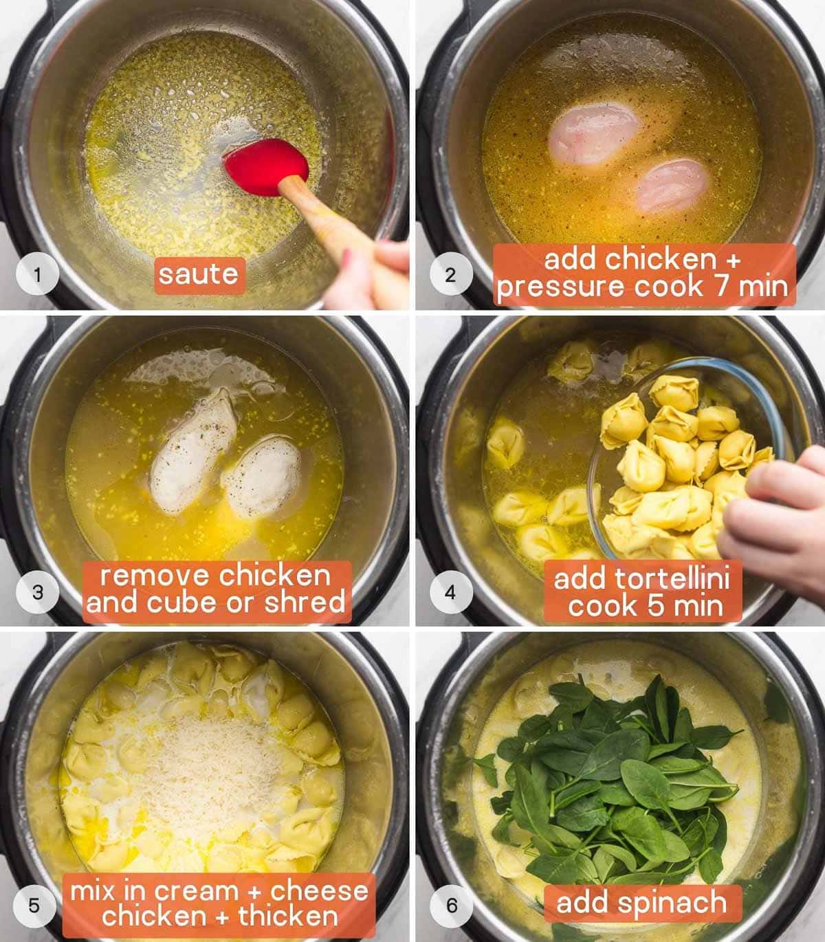 A collage with 6 images showing how to cook Instant Pot Chicken Alfredo Tortellini Soup with overlay text explaining the steps