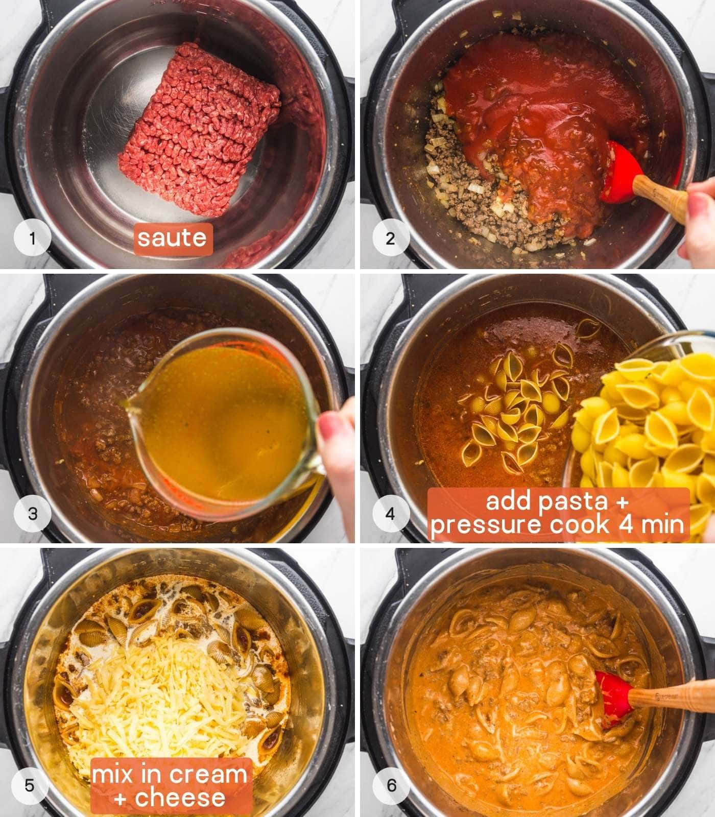 A collage of 6 images how to make taco pasta