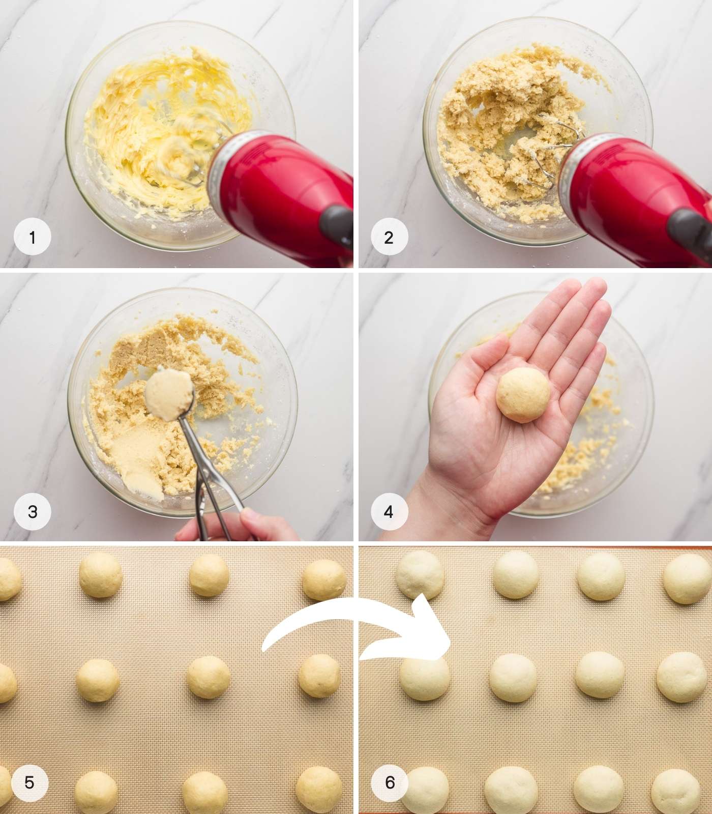 A collage with 6 images showing the steps how to make Italian wedding cookies
