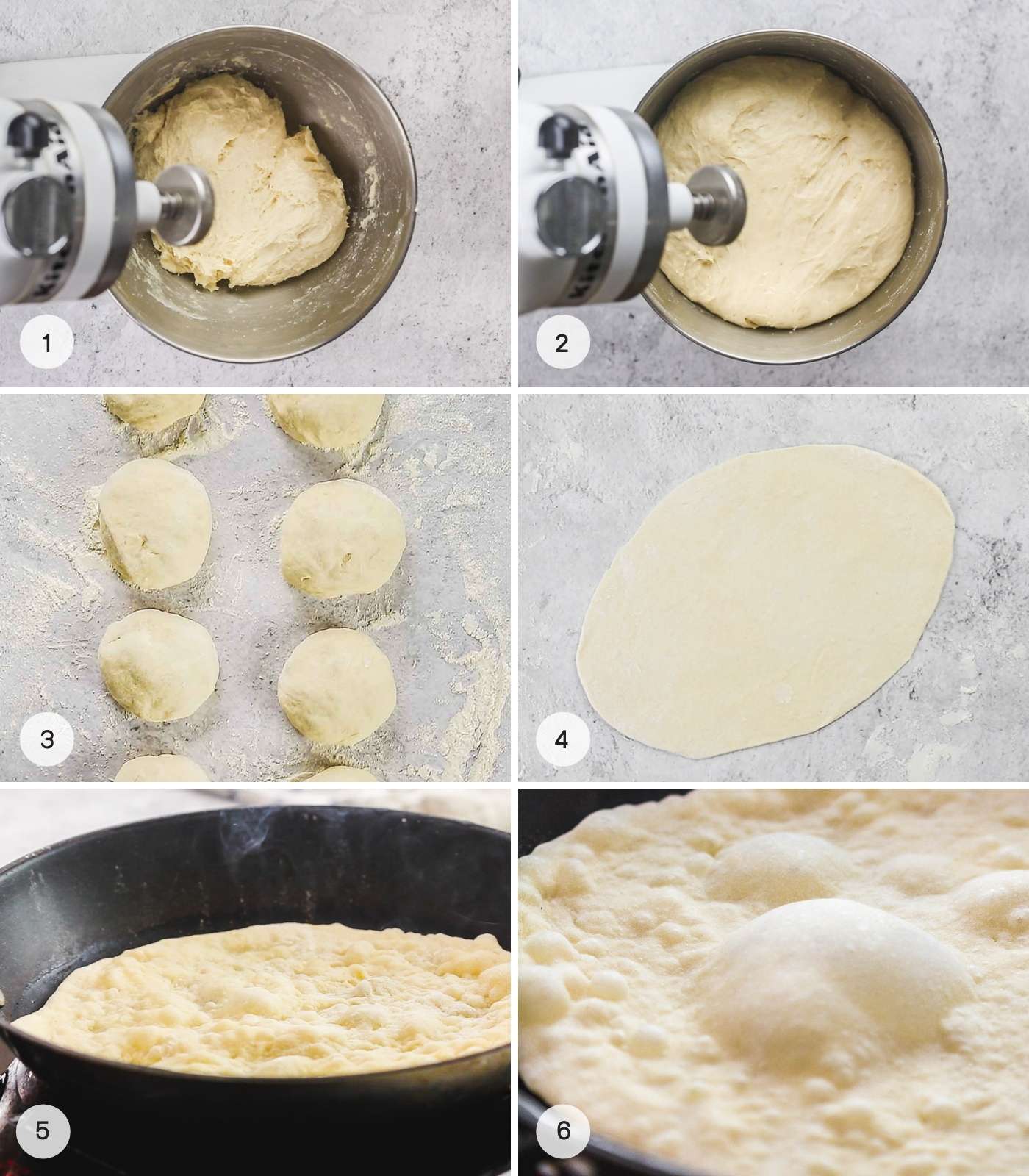 A collage with 6 images, steps on how to make naan bread
