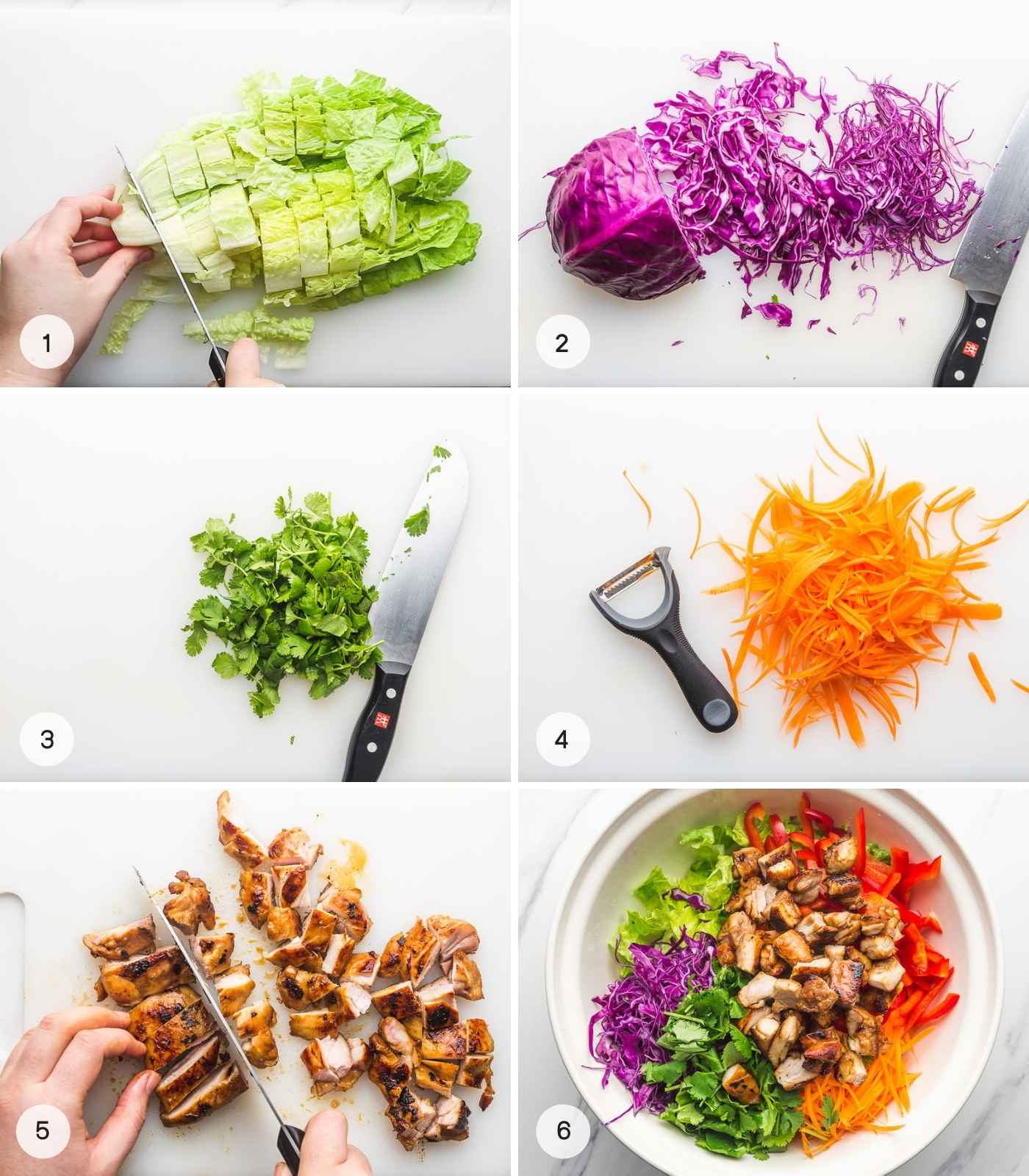 A collage with 6 images on how to make Asian chicken salad, from shredding the vegetables to chopping the chicken and making the salad.