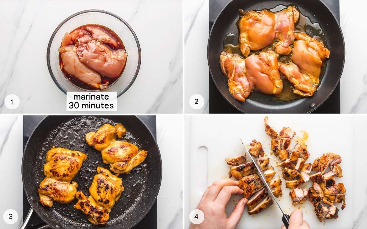 How to marinate the chicken, grill it, and slice it.