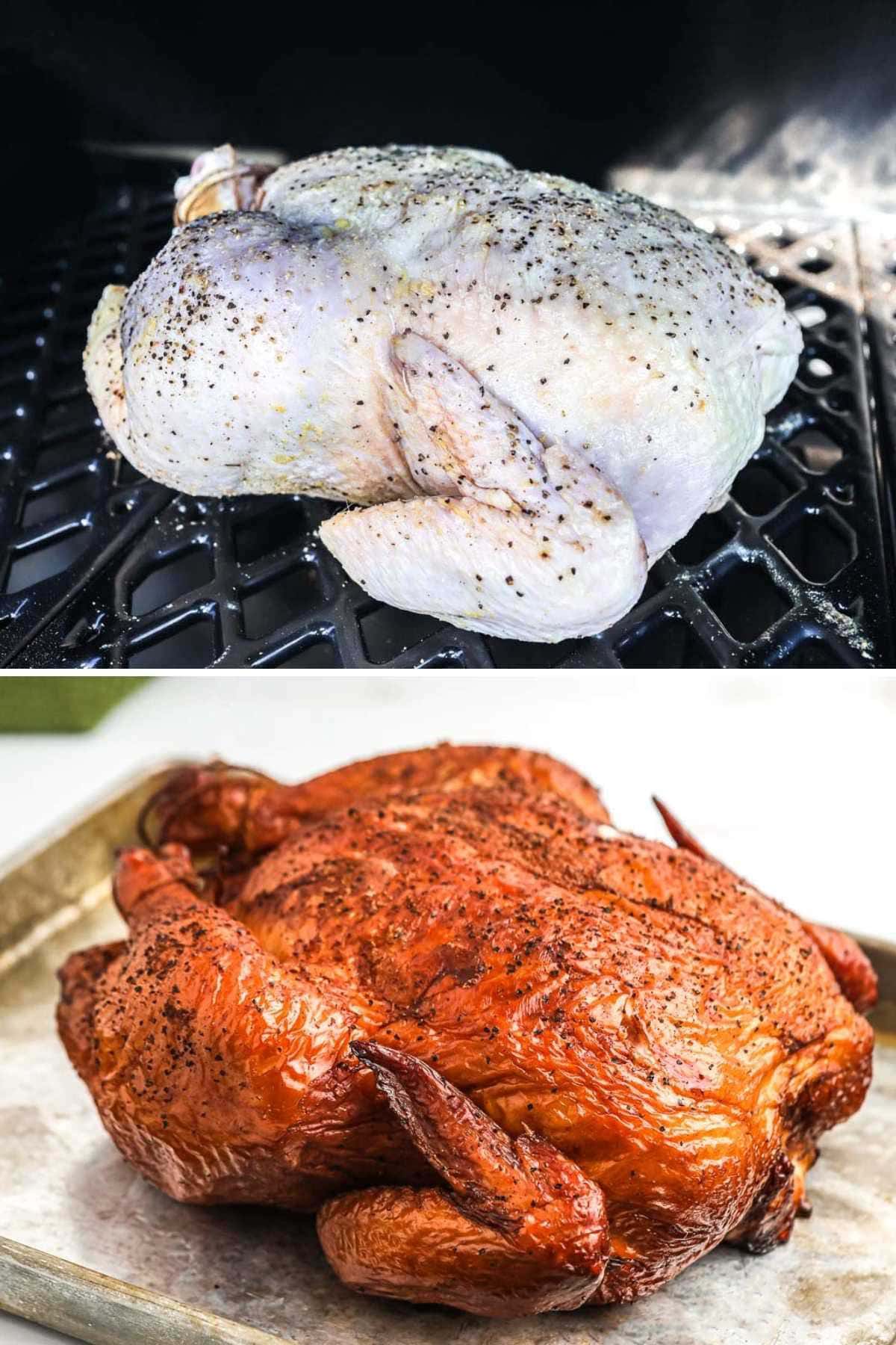 A collage with 2 images, one of a raw seasoned whole chicken placed on a smoker, and the second picture is of a whole smoked chicken on a sheet pan.