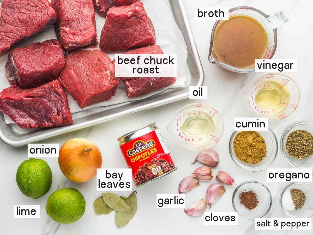 Ingredients needed to make barbacoa beef.