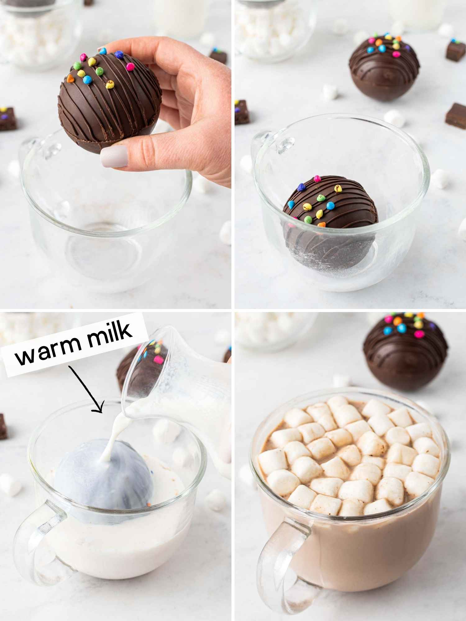 A collage with 4 images on how to make hot chocolate using cocoa bombs