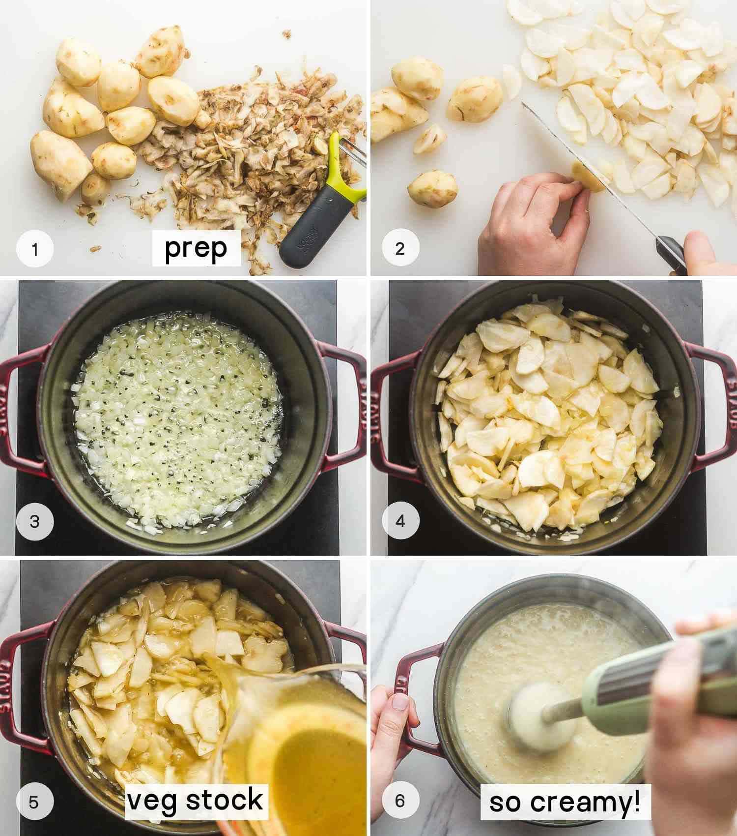 A collage with 6 images of how to make Jerusalem artichoke soup