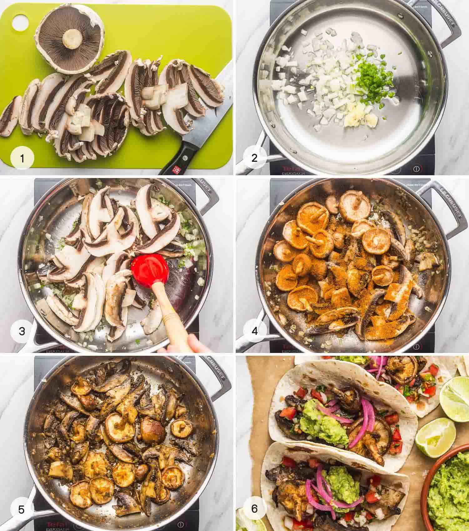 A collage with 6 images how to make mushroom tacos