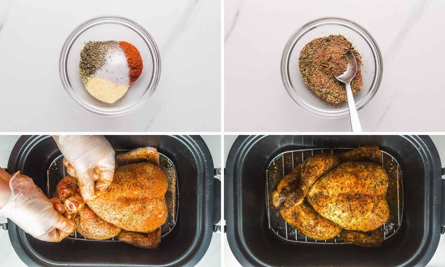 Collage of four images showing how to make the herb blend, season the chicken in the slow cooker, and cook it.