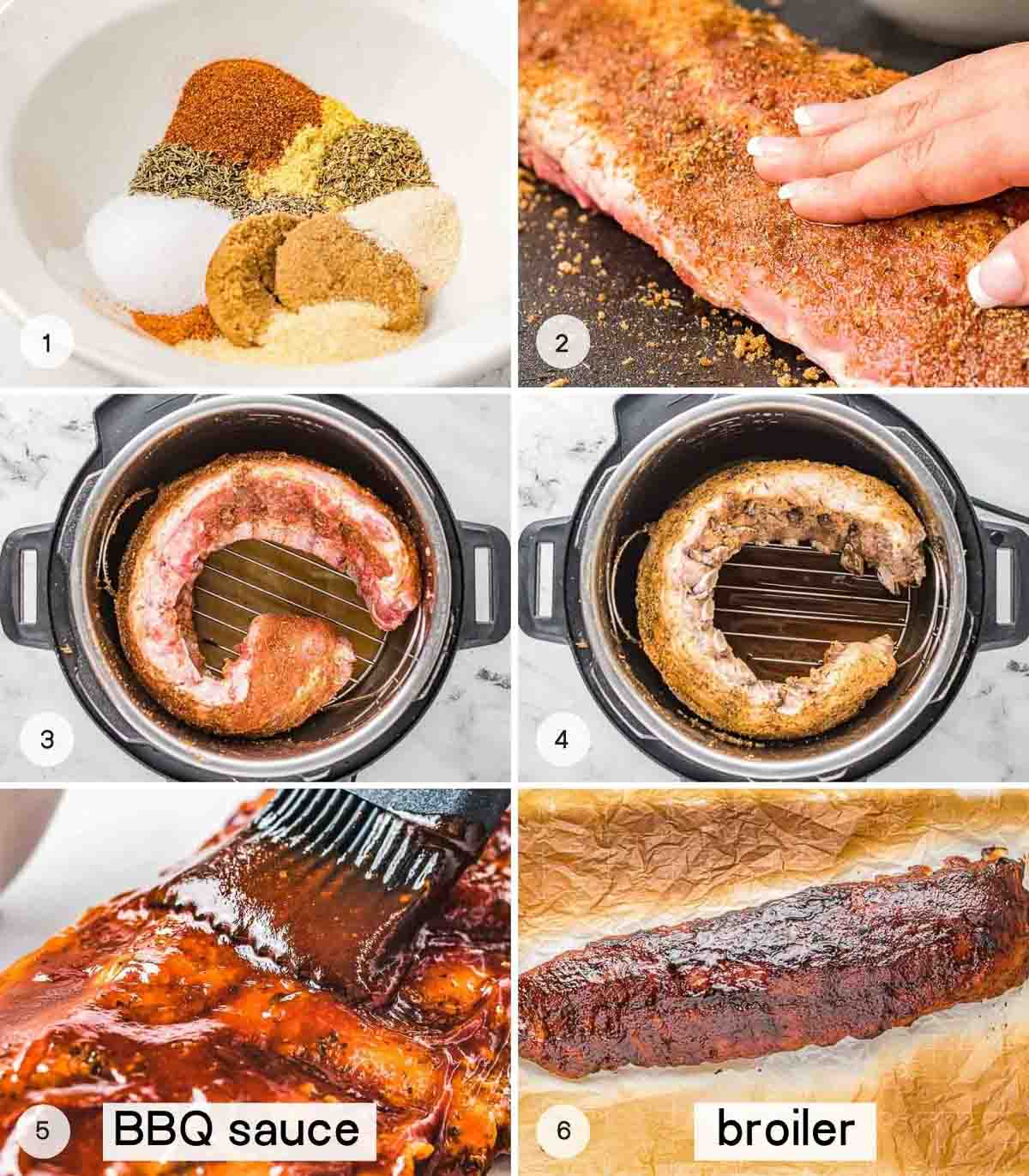 A collage with 6 images on how to make baby back ribs in the instant pot