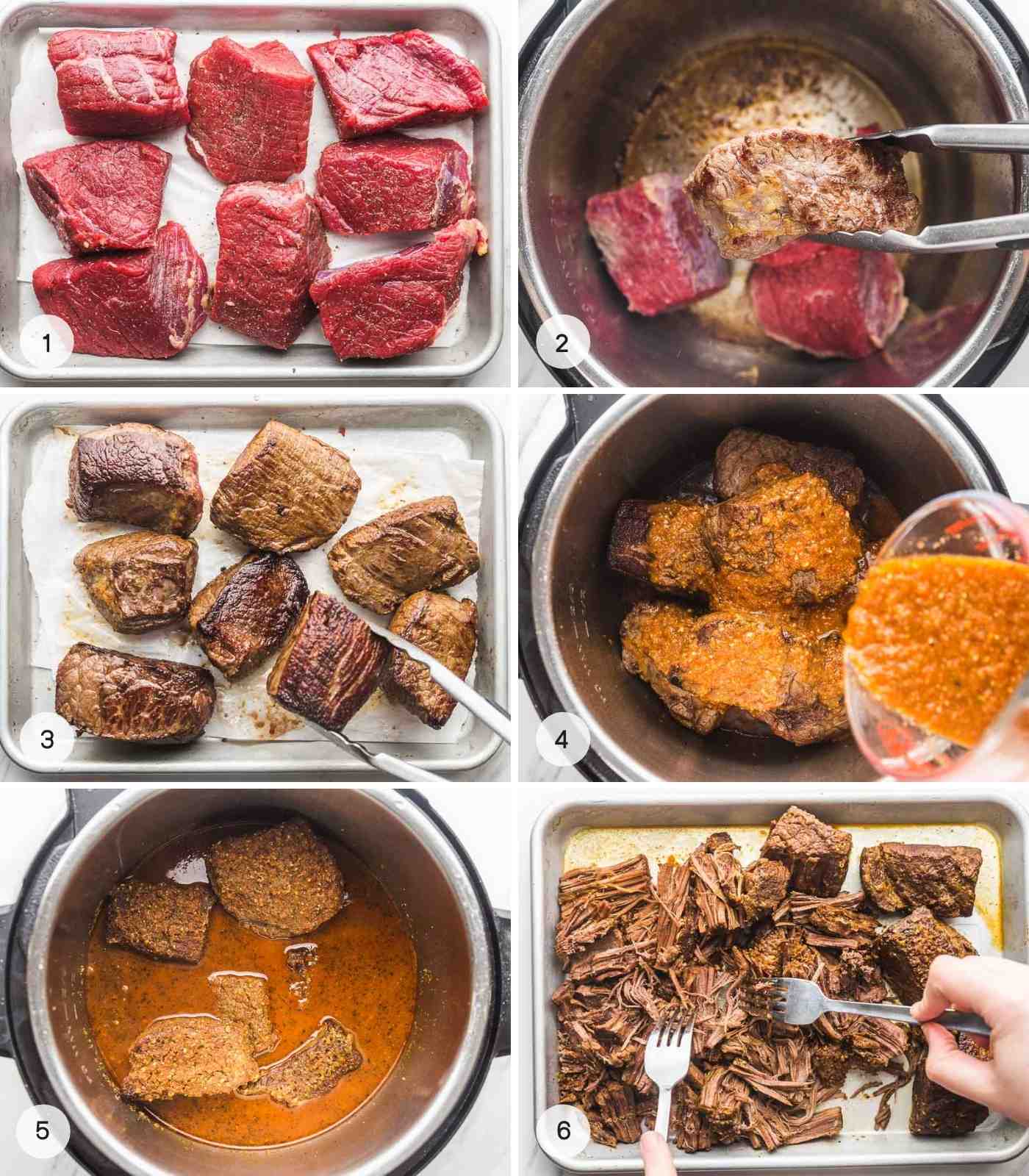 A collage with 6 images on how to make barbacoa beef in the Instant Pot