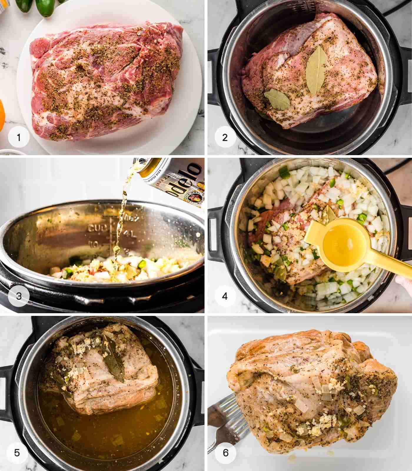 How to make carnitas in the instant pot, a collage with 6 images including how to season the meat, adding the rest of the ingredients, and pressure cooking it.