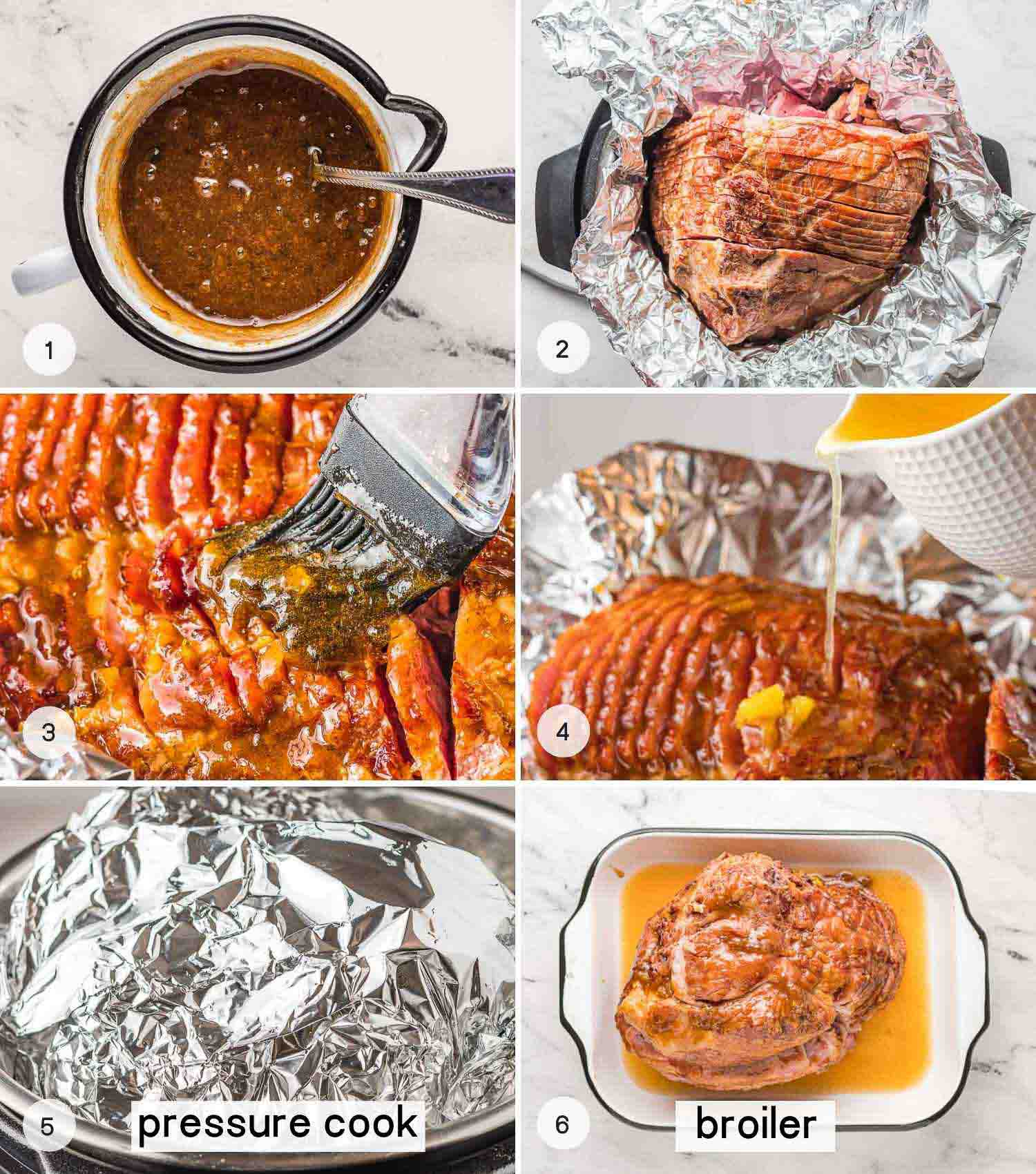 A collage with 6 images on how to make honey glazed ham in the Instant Pot