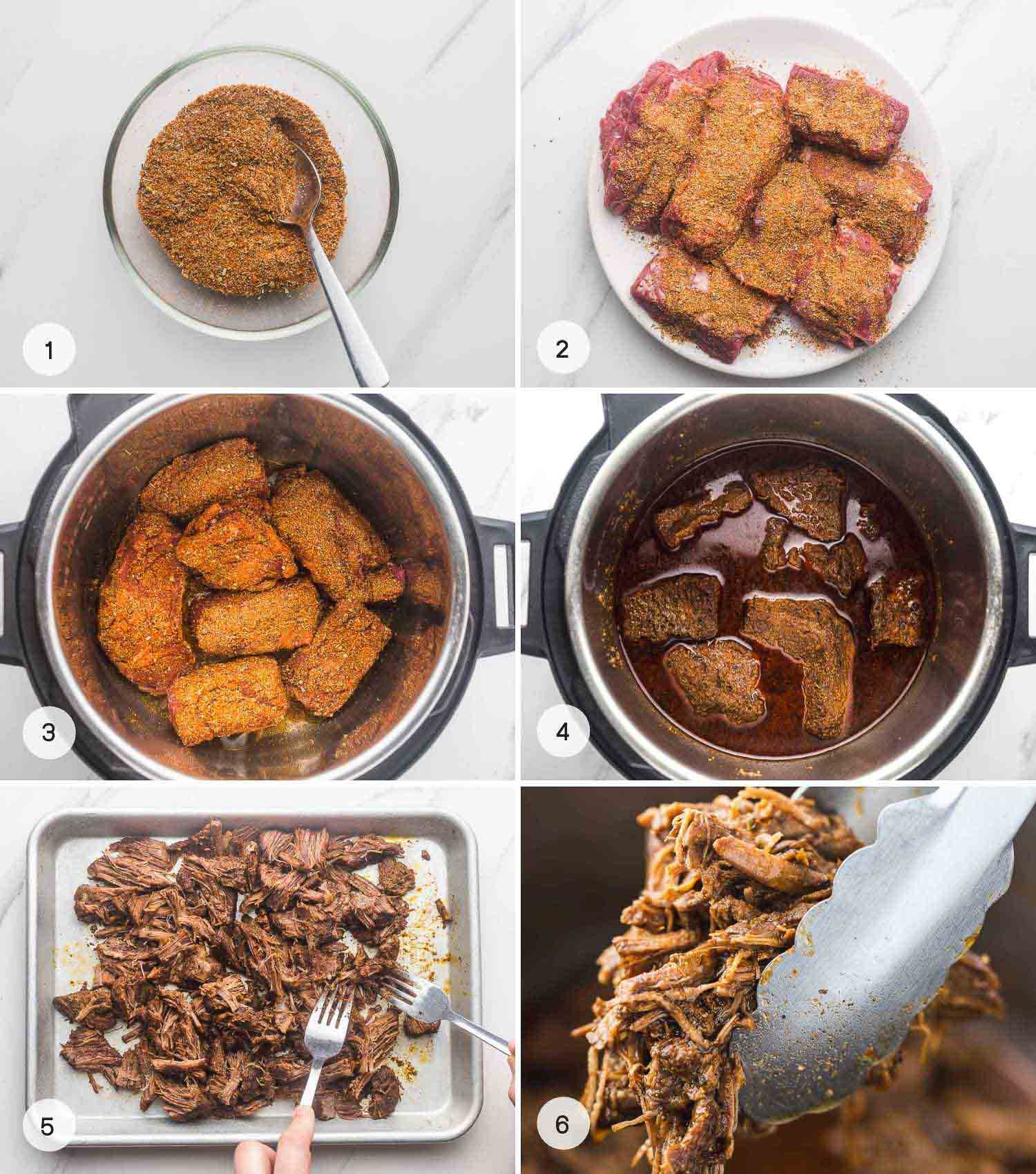 A collage with 6 images on how to make Mexican shredded beef