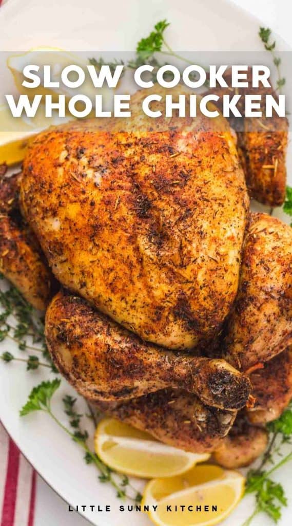 Roast chicken on a platter with text overlay "slow cooker whole chicken"