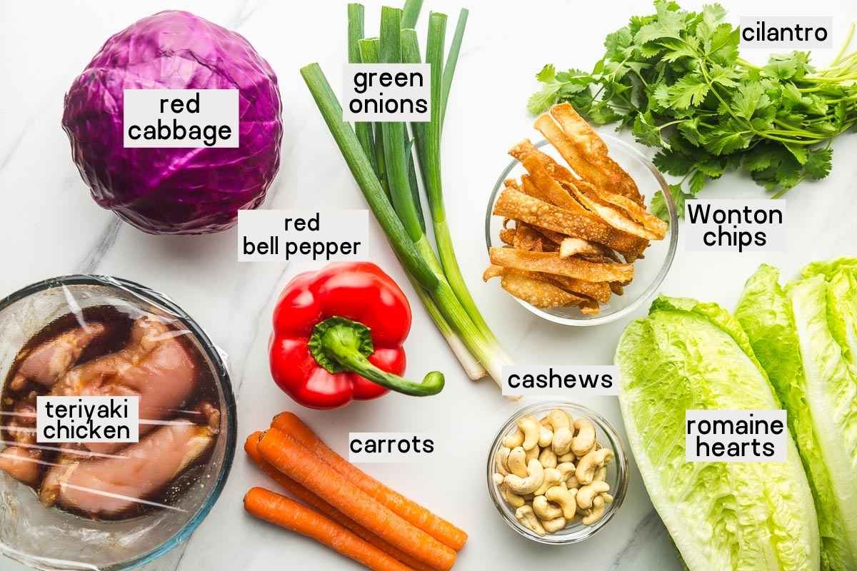 Ingredients needed to make Asian chicken salad including marinated chicken, red cabbage, romaine lettuce, green onions, bell pepper, carrots, cilantro, wonton chips, and cashews.