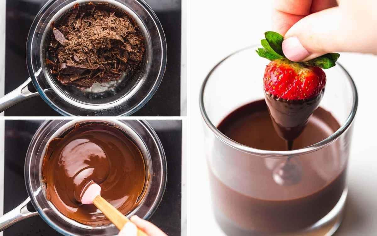 A collage with 3 images on how to melt chocolate then dip strawberries