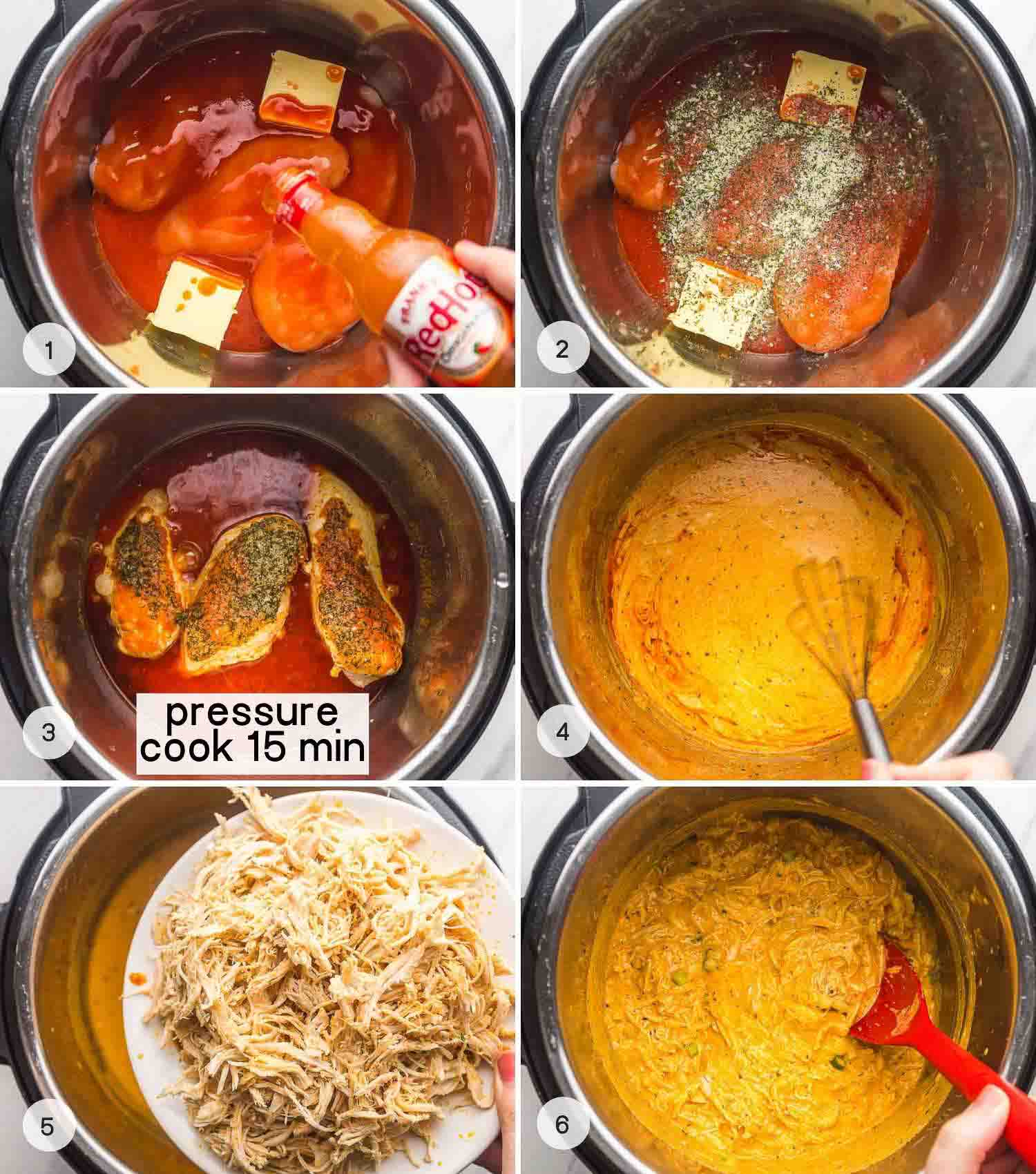 A collage with 6 images howing how to make Buffalo chicken dip in the Instant Pot