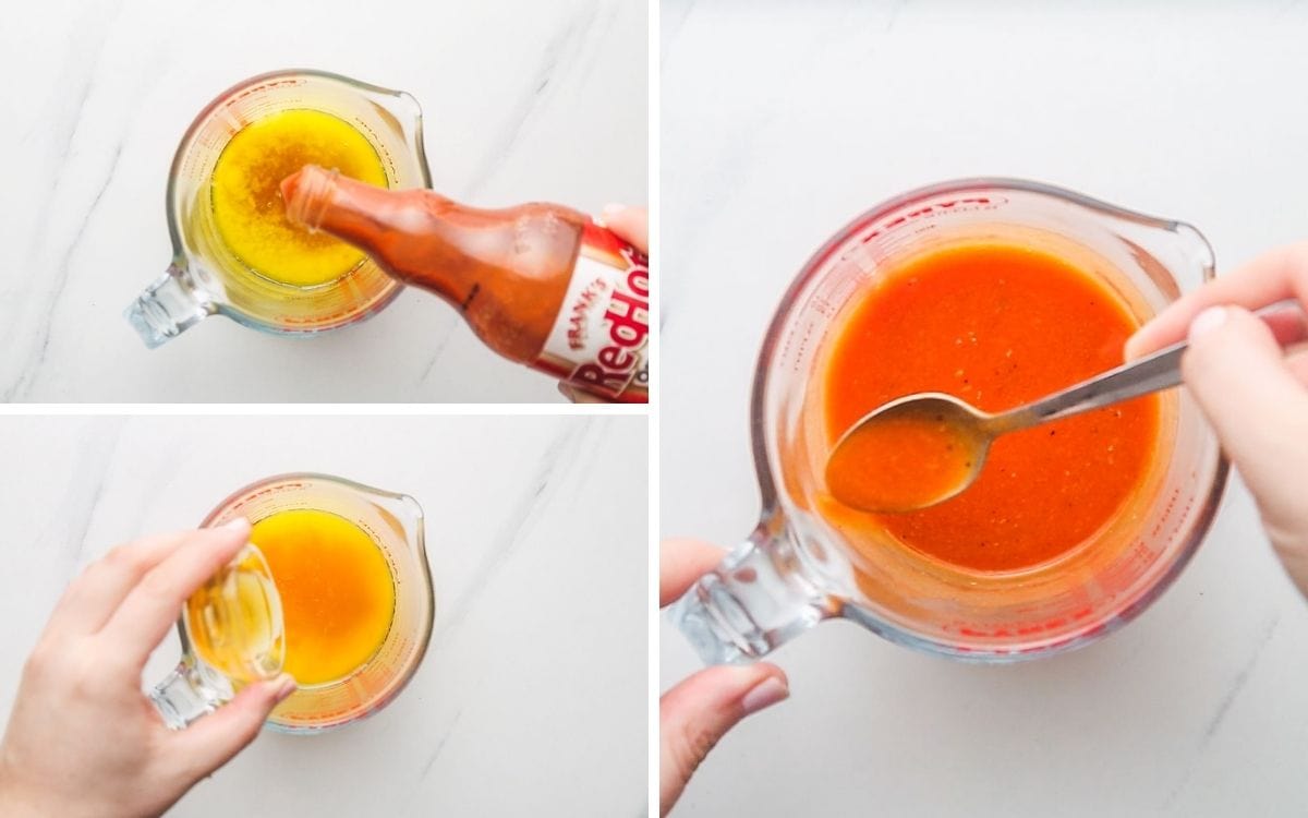 A collage with 3 images on how to make buffalo sauce.