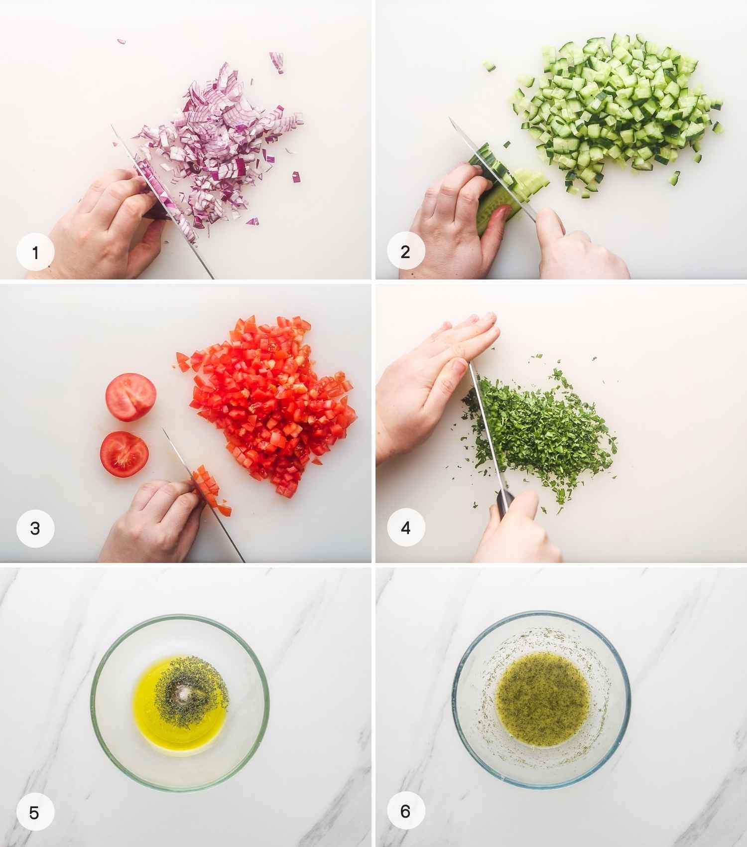 Steps on how to make shirazi salad - chop vegetables and make dressing