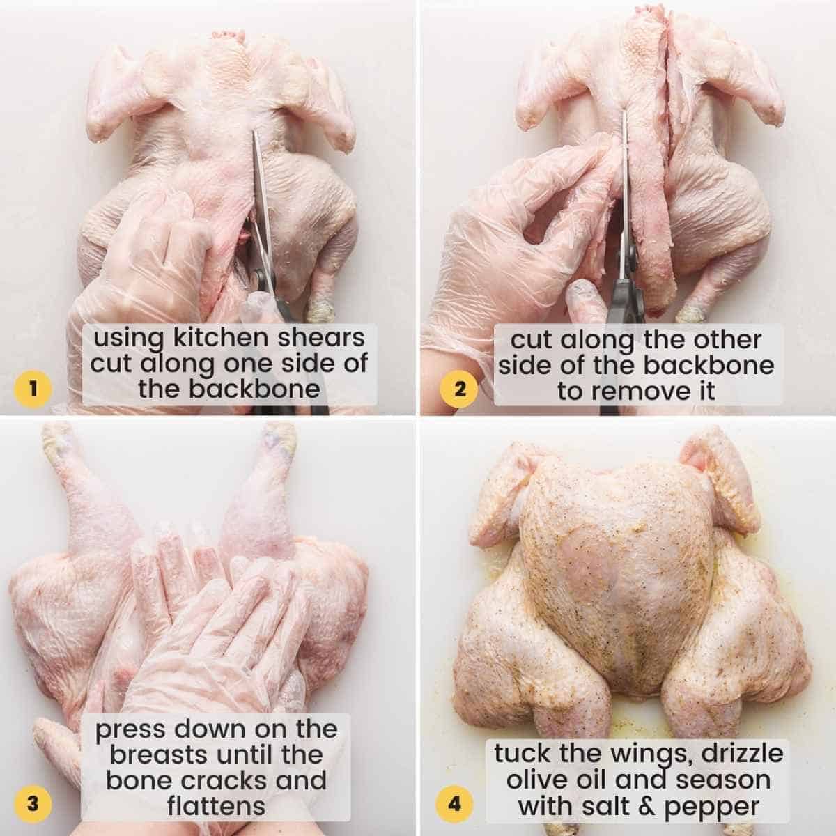 A collage with 4 images on how to spatchcock a chicken