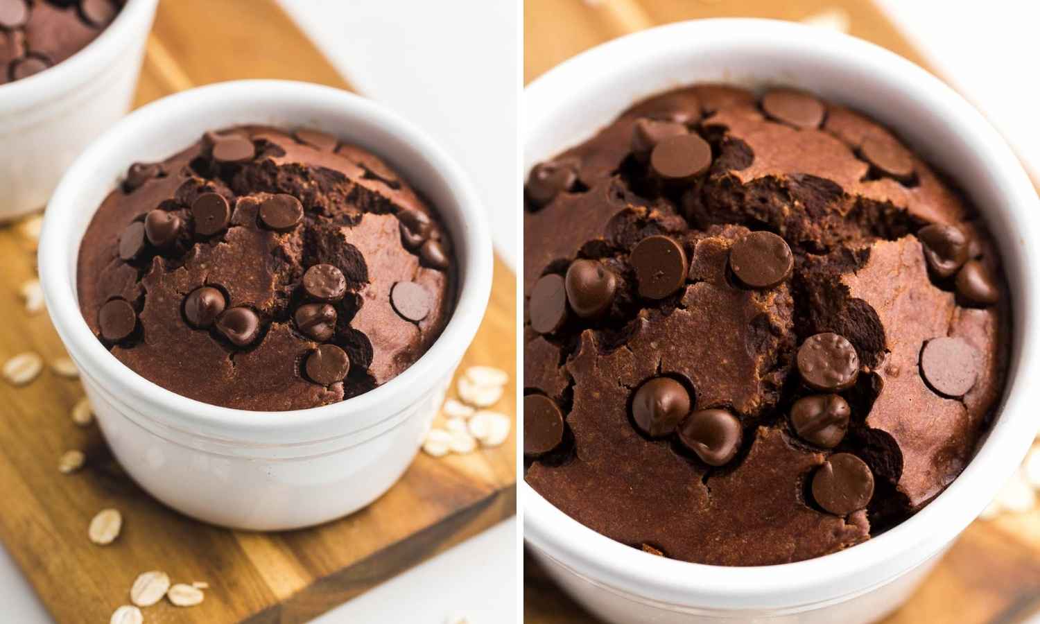 A collage with 2 images of chocolate baked oats in white ramekins