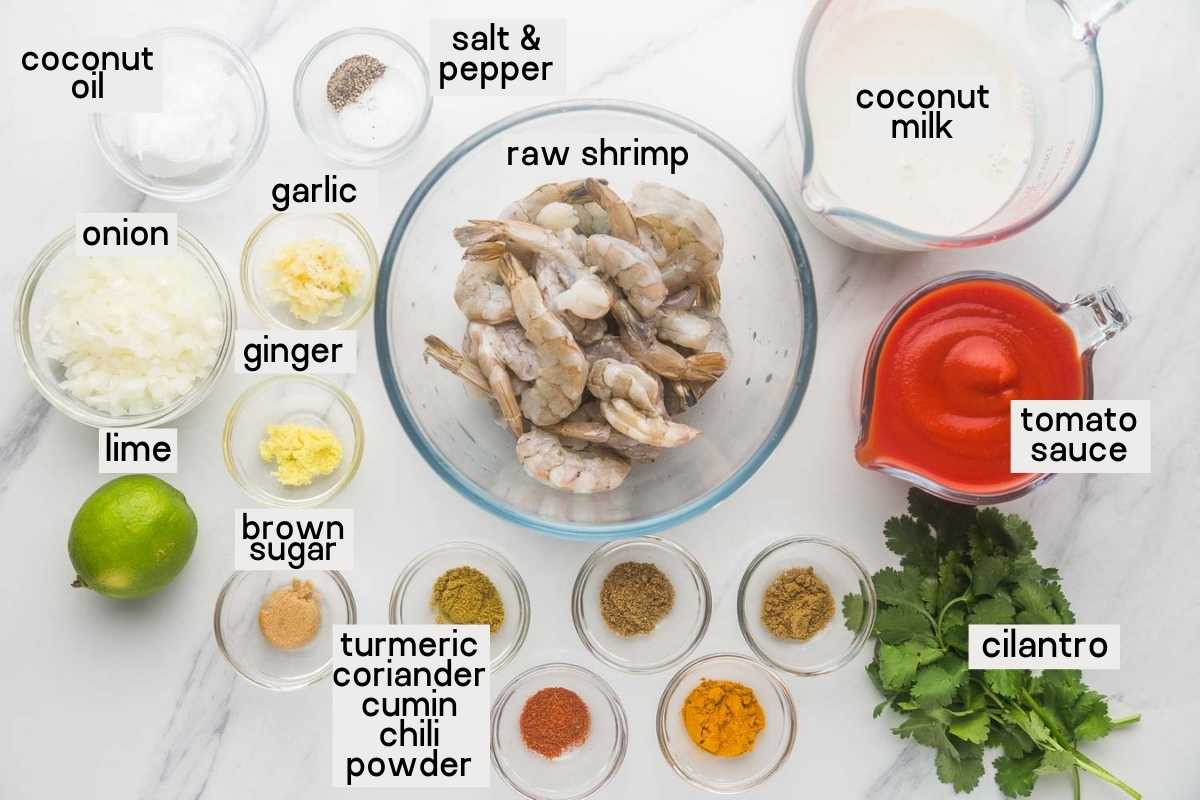 Ingredients needed to make coconut shrimp curry: raw shrimp, coconut milk, tomato sauce, onion, garlic, ginger, lime, brown sugar, coconut oil, salt and pepper, turmeric, coriander, cumin, and chili powder.