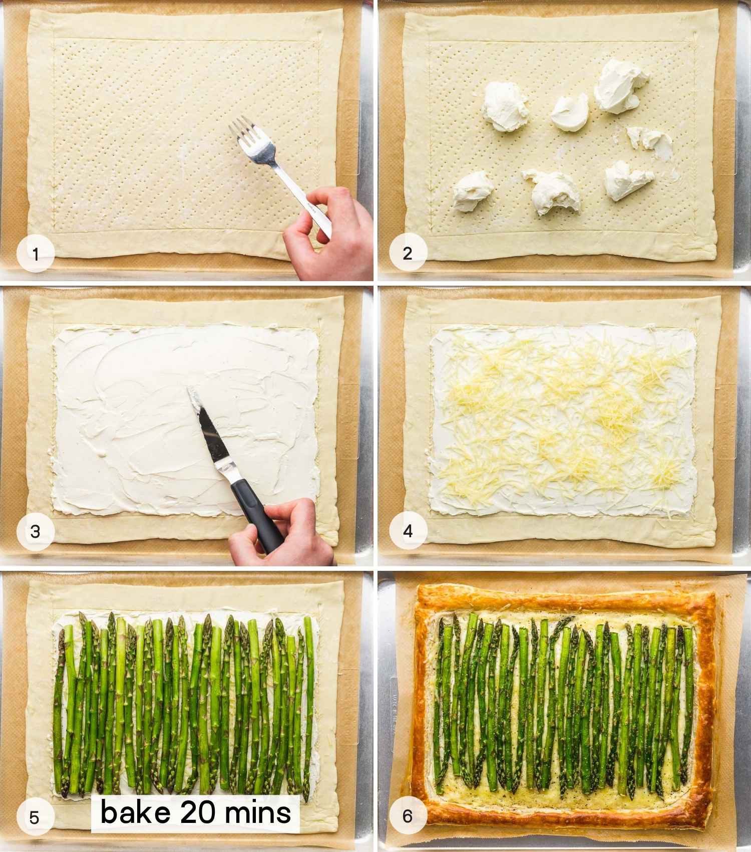How to make an asparagus tart using puff pastry. A collage with 6 images.