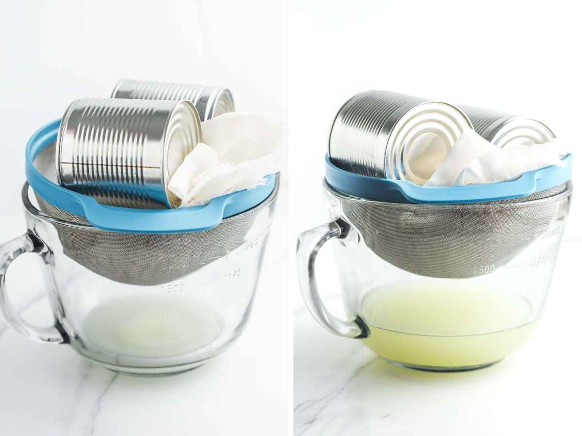 A collage with 2 images showing how to strain yogurt, before and after straining.