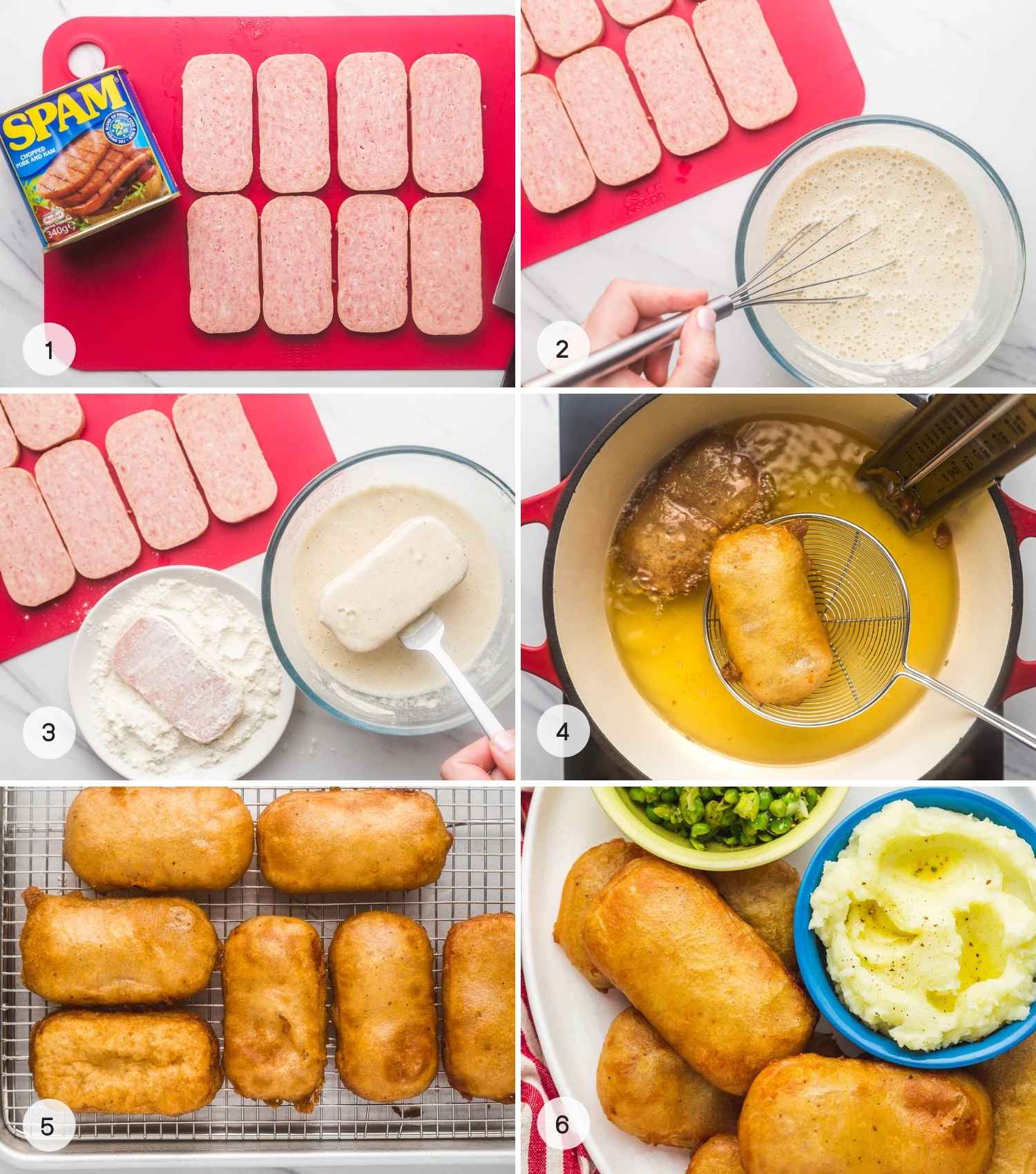 A collage with 6 images on how to make SPAM fritters from cutting the SPAM meat, to making the batter, dipping the SPAM in batter and frying until golden and crispy.