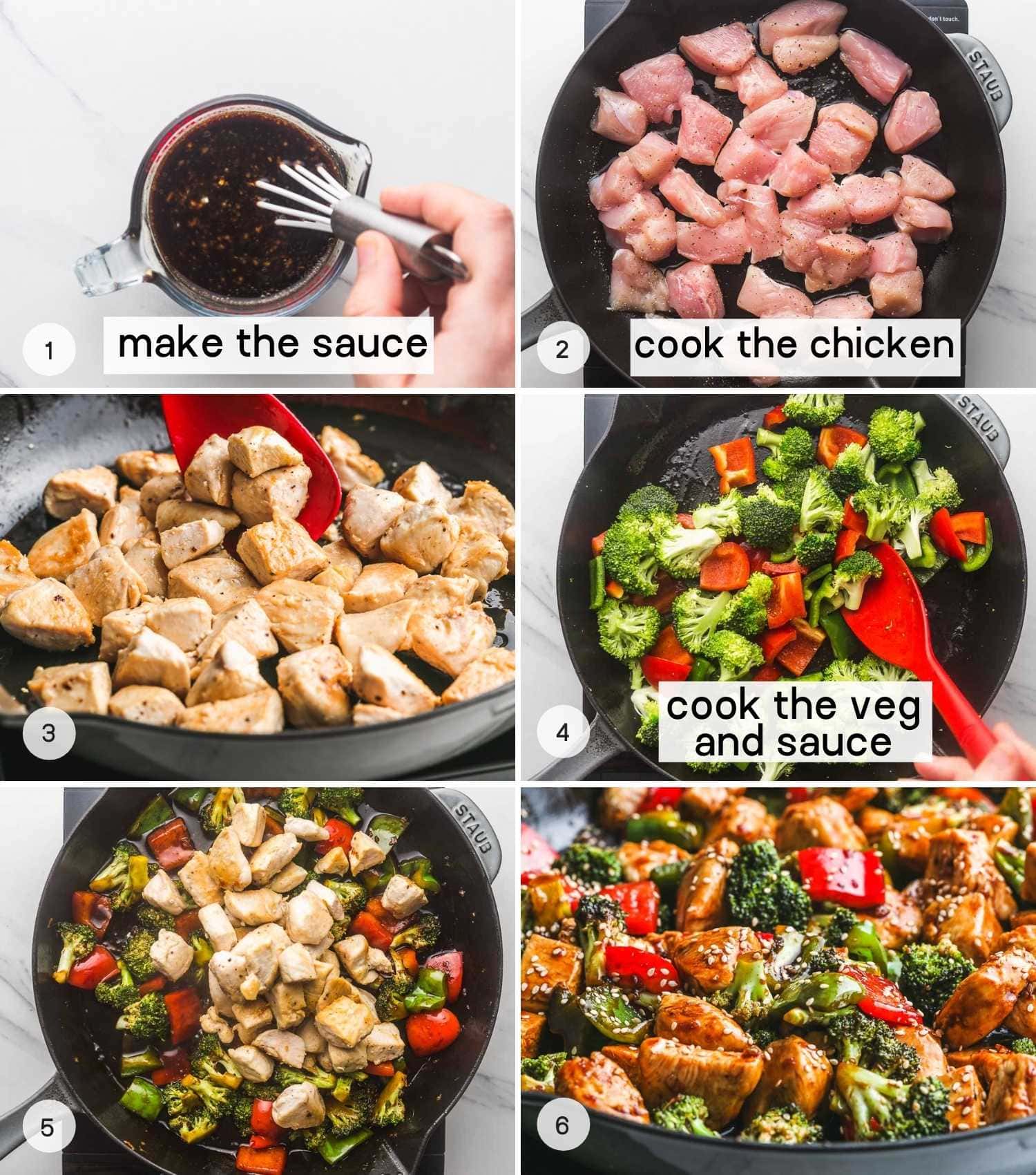 A collage with 6 images on how to make the chicken teriyaki stir fry with vegetables. Starting from making the sauce, to cooking the chicken, adding the vegetables and cooking with the sauce, then adding the chicken back in and garnishing with sesame seeds.