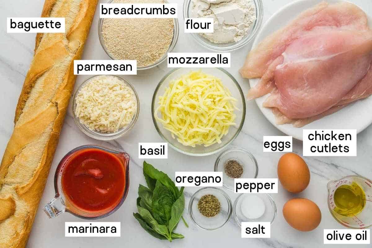 Chicken Parmesan Sandwich ingredients including chicken, marinara, cheeses, bread, eggs, and seasonings.