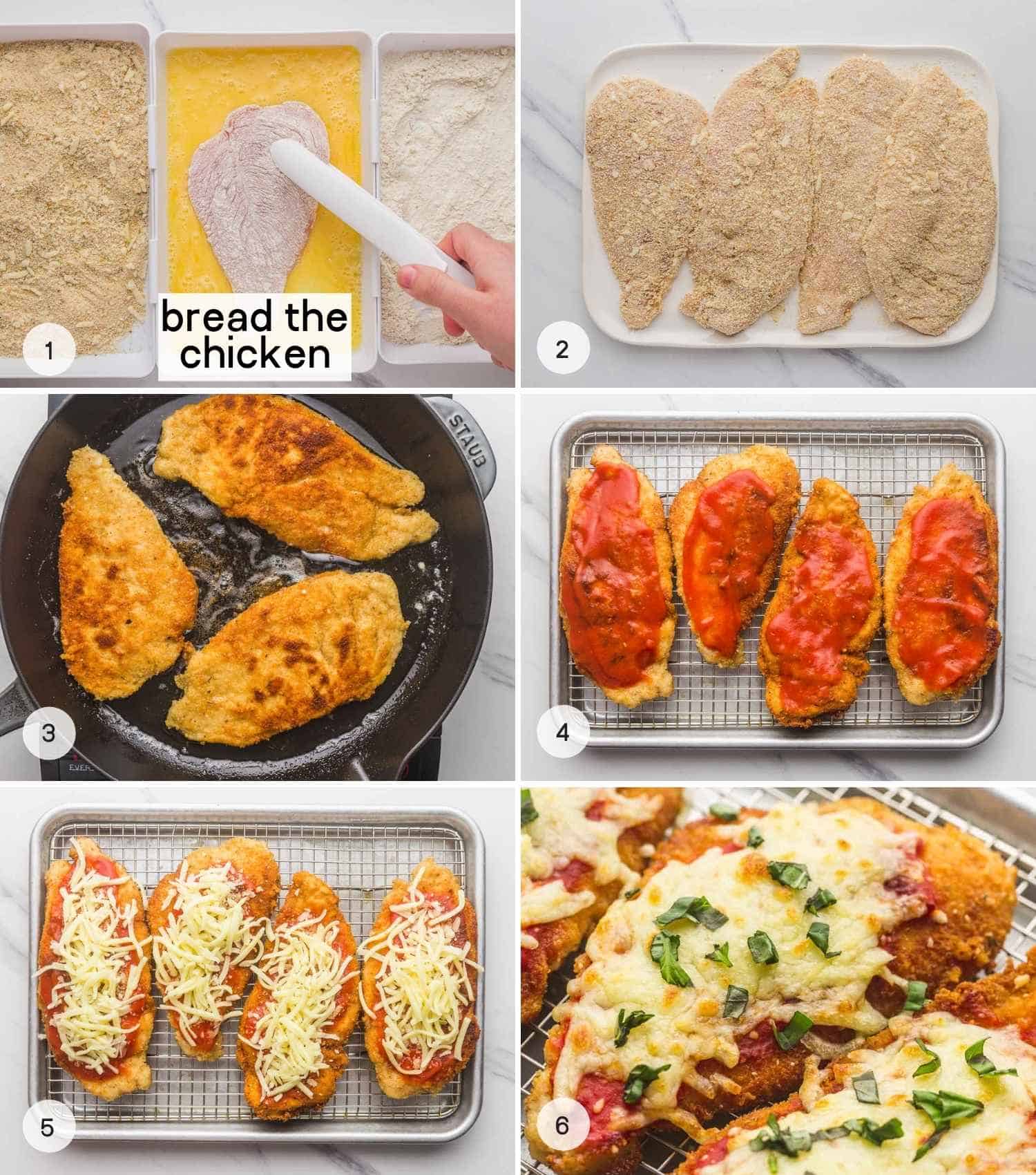 A collage with 6 images on how to bread chicken, fry it, and make chicken parmesan.