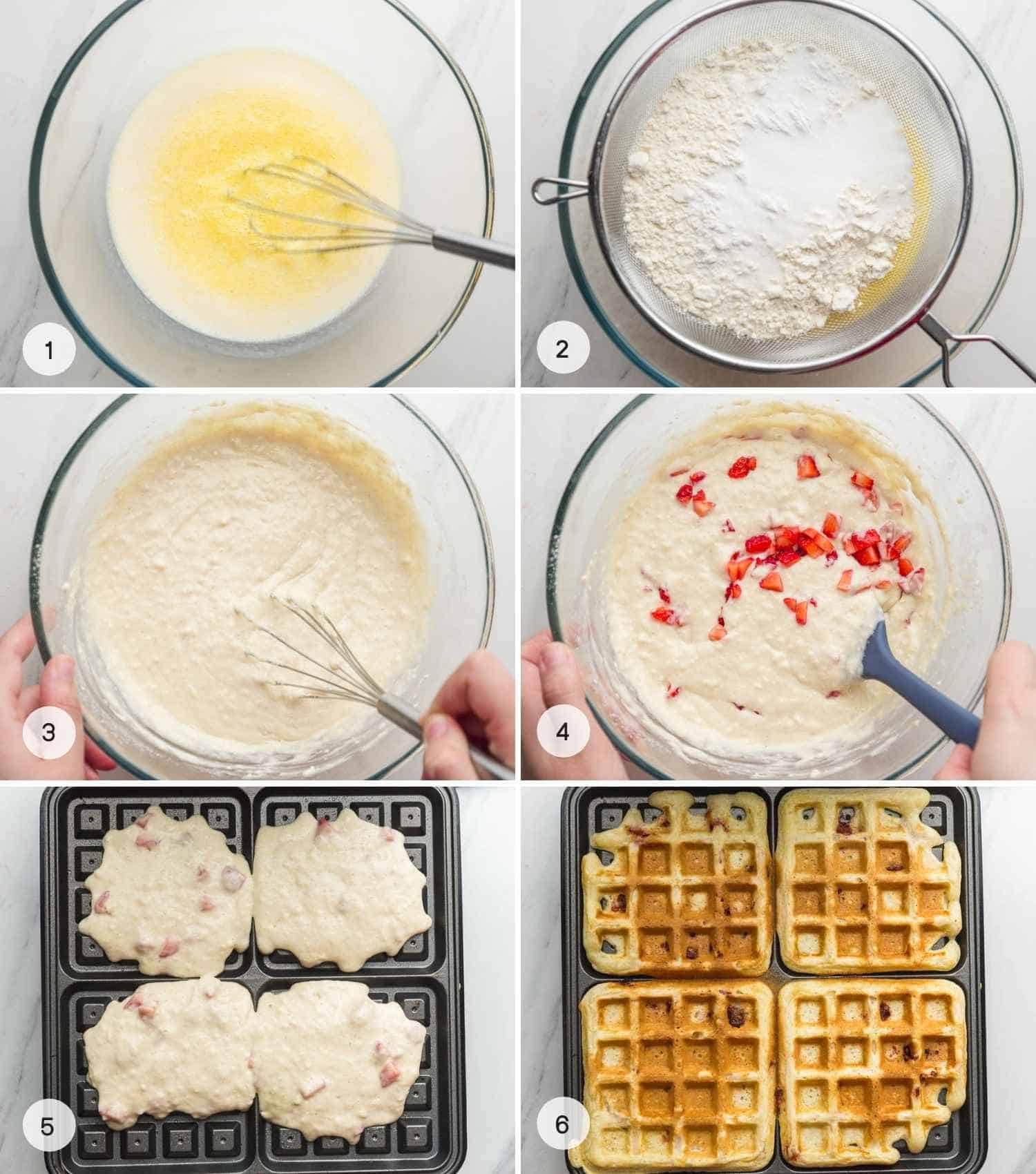 A collage with 6 images on how to make strawberry waffles from making the batter to cooking in a waffle iron