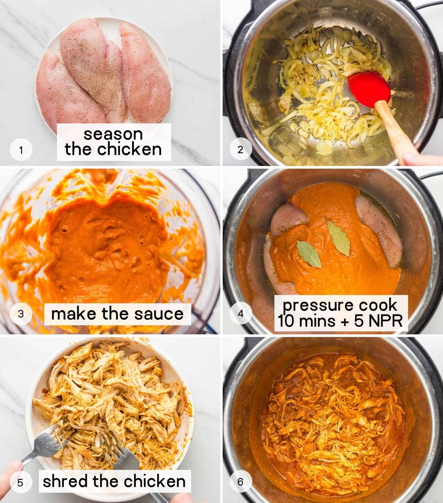 A collage with 6 images showing how to make chicken tinga in the instant pot
