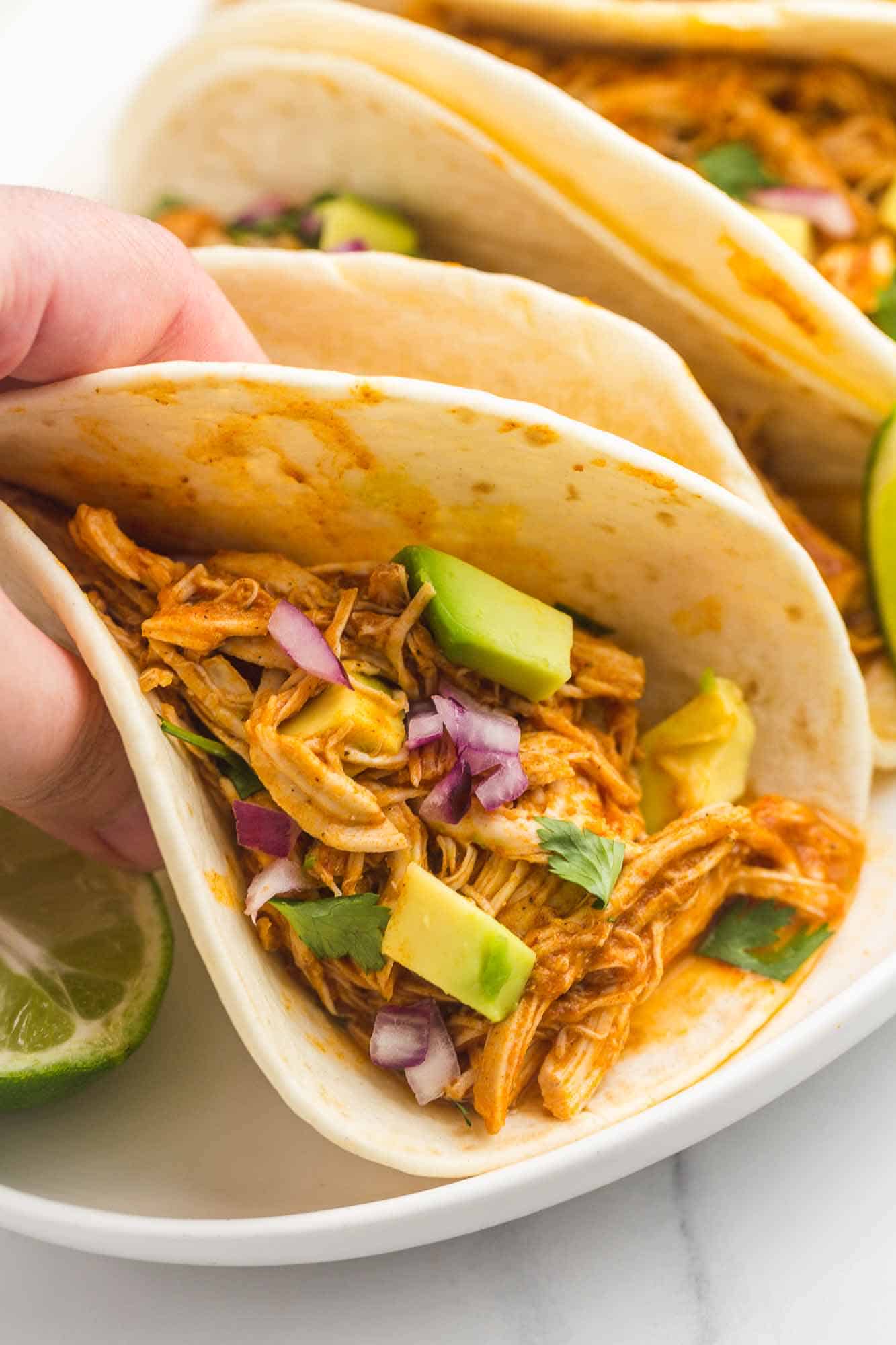 Holding a chicken tinga taco with fresh avocado and finely diced red onion