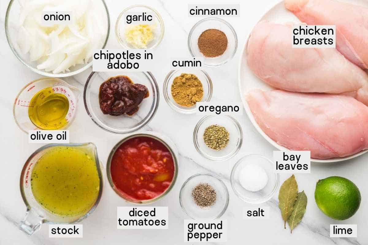 Ingredients needed to make chicken tinga in the instant pot including chicken breasts, onion, garlic, chipotles in adobo, cumin, cinnamon, oregano, salt, pepper, bay leaves, olive oil, diced tomatoes, stock, and lime.