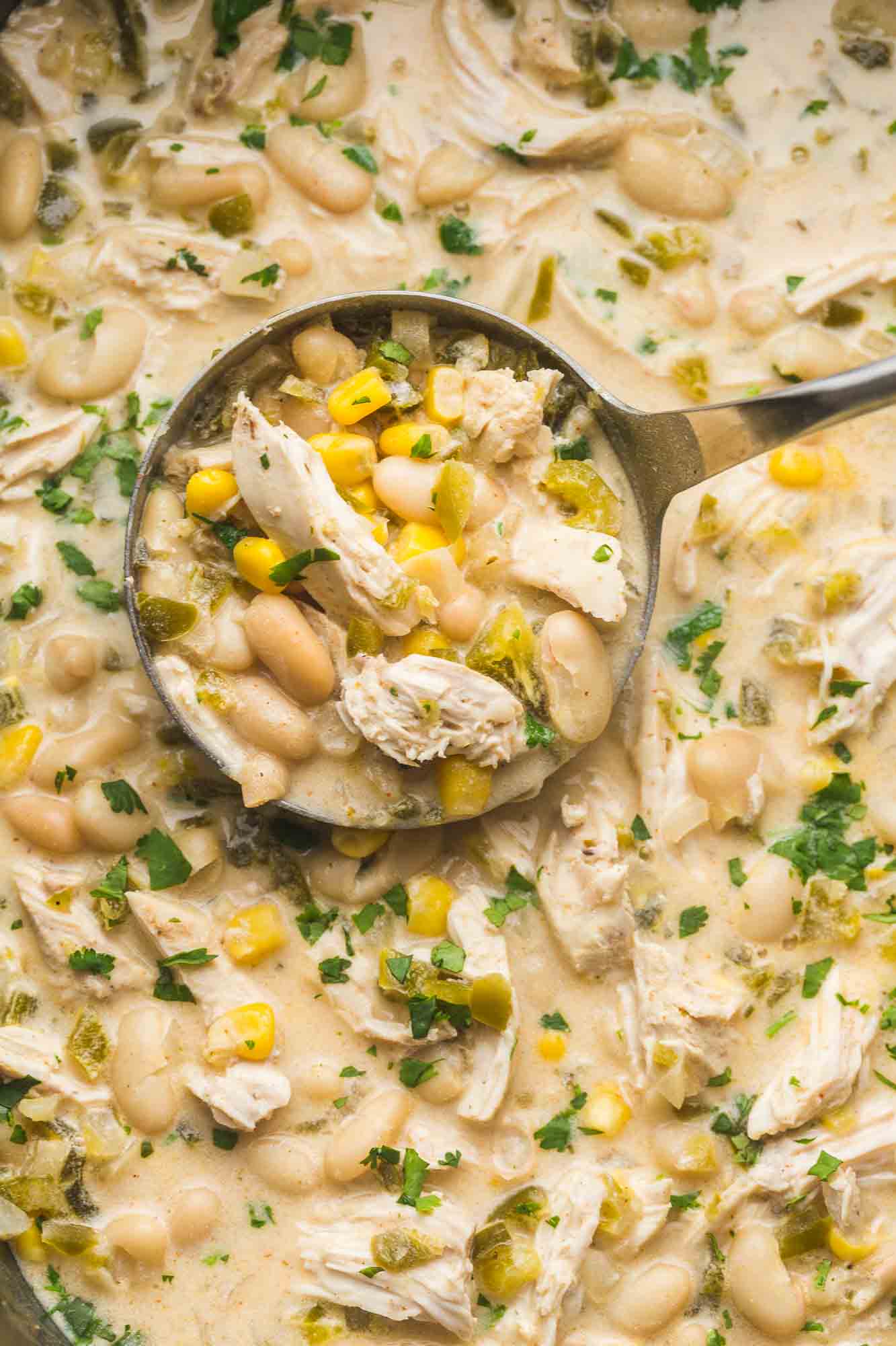 An overhead shot of a ladle of white chili