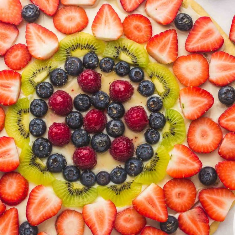 Overhead shot of a fruit pizza