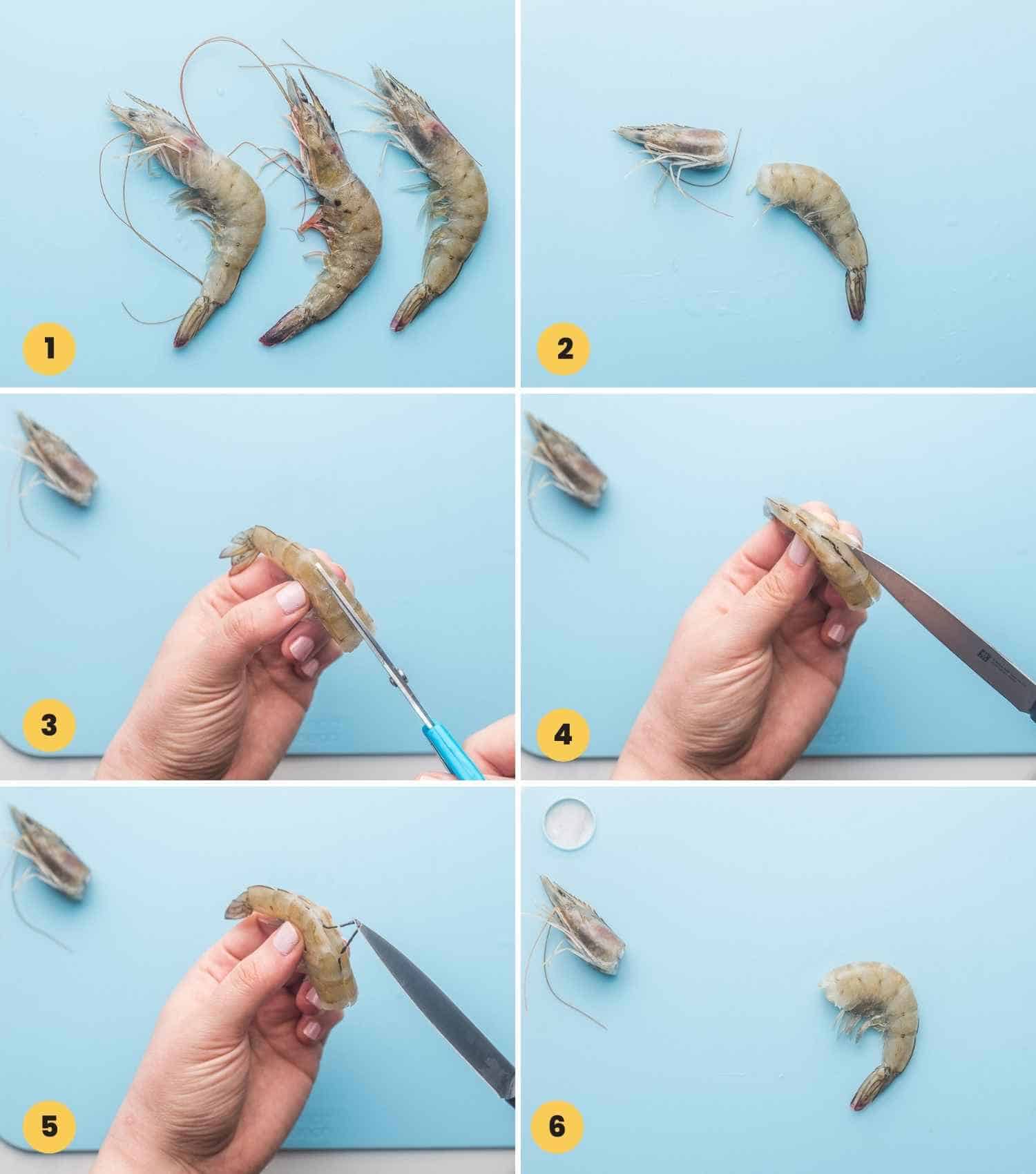 How to Devein Shrimp, a collage with 6 images of the process