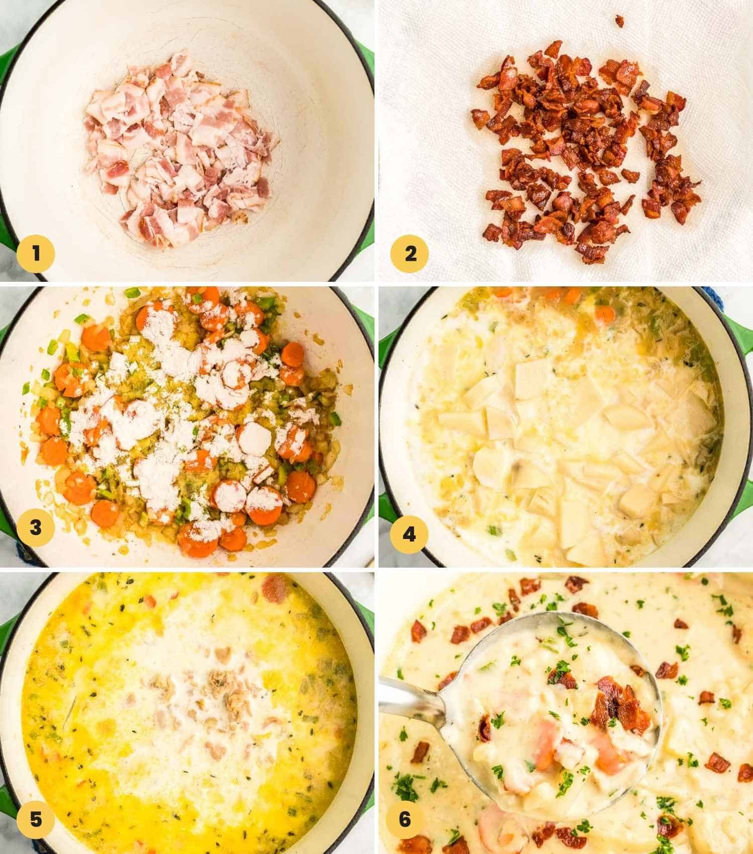 A collage with 6 images showing how to make clam chowder.