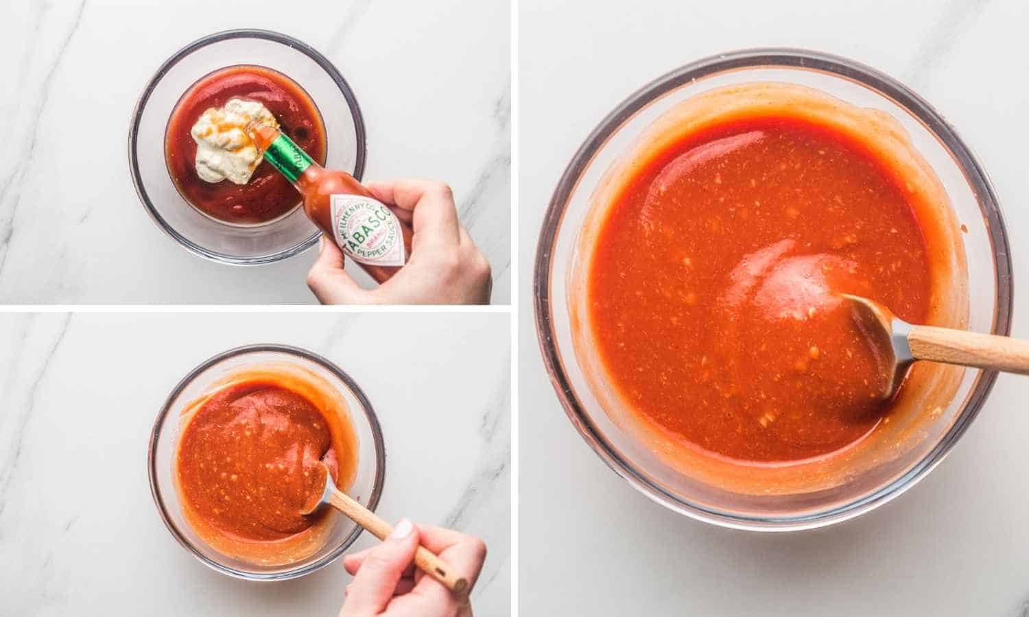 A collage with 3 images how to make a cocktail sauce