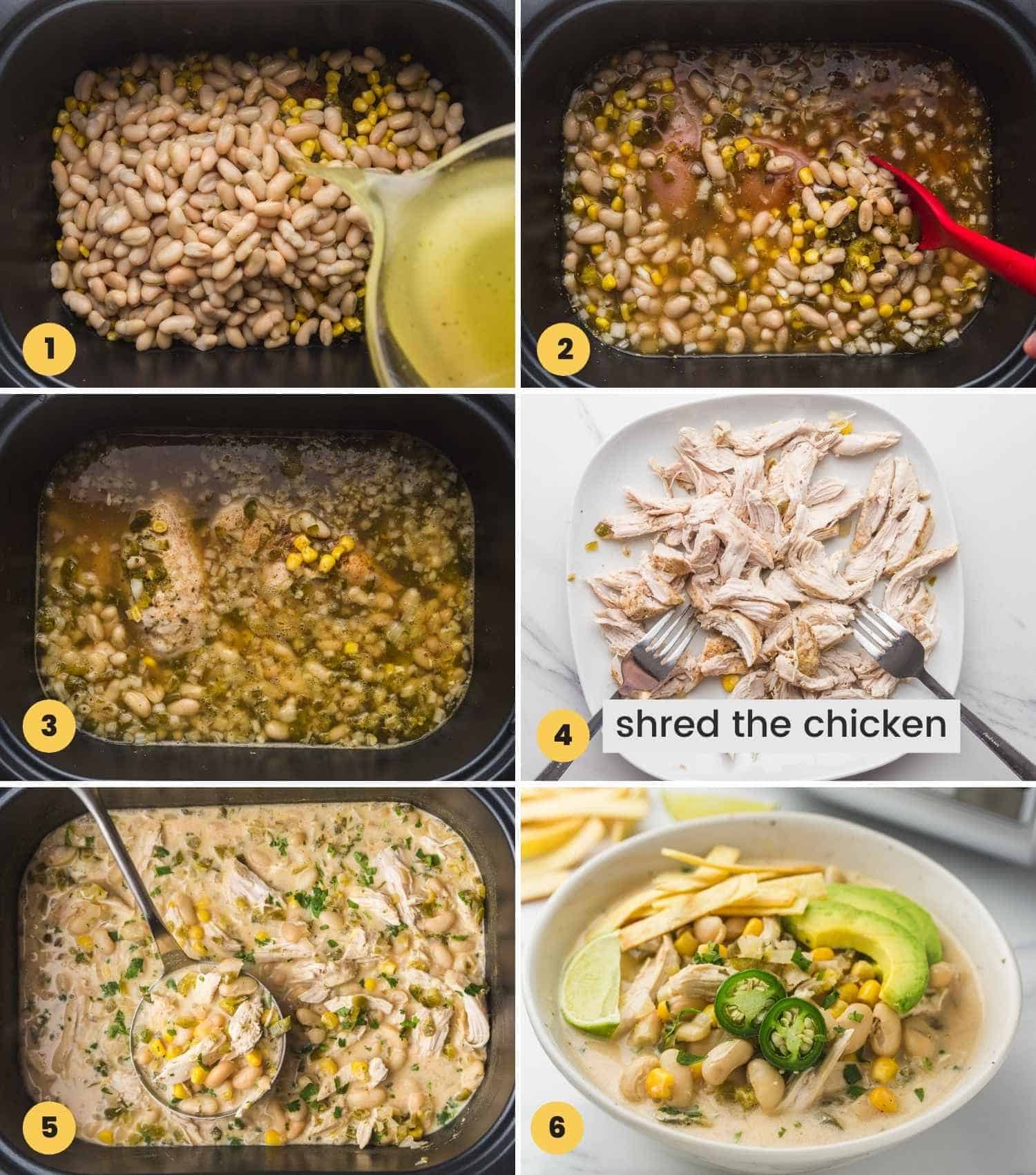 A collage with 6 images on how to make Creamy Crockpot White Chicken Chili