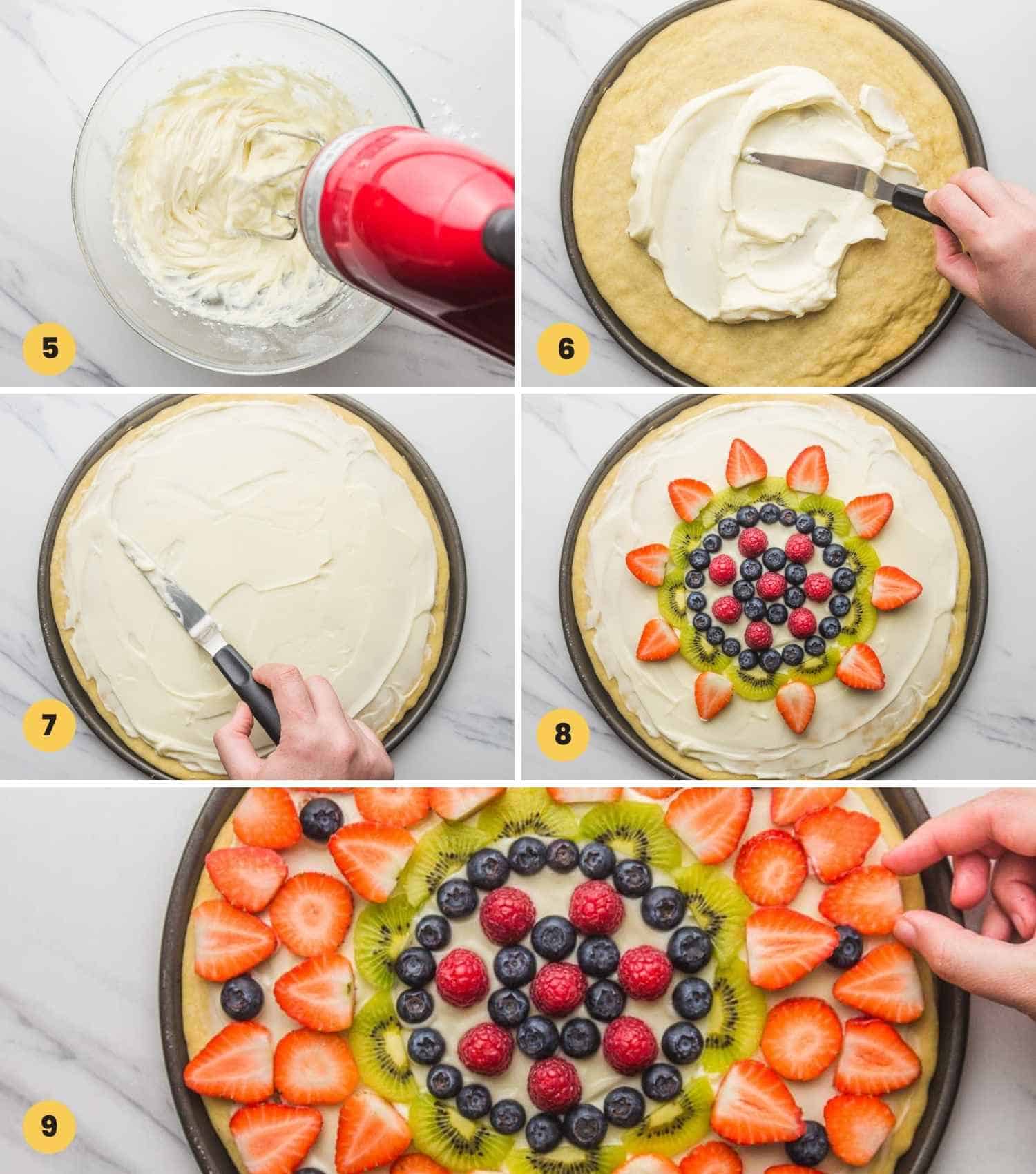 A collage with 5 images showing how to make cream cheese frosting then top the fruit pizza with fruit