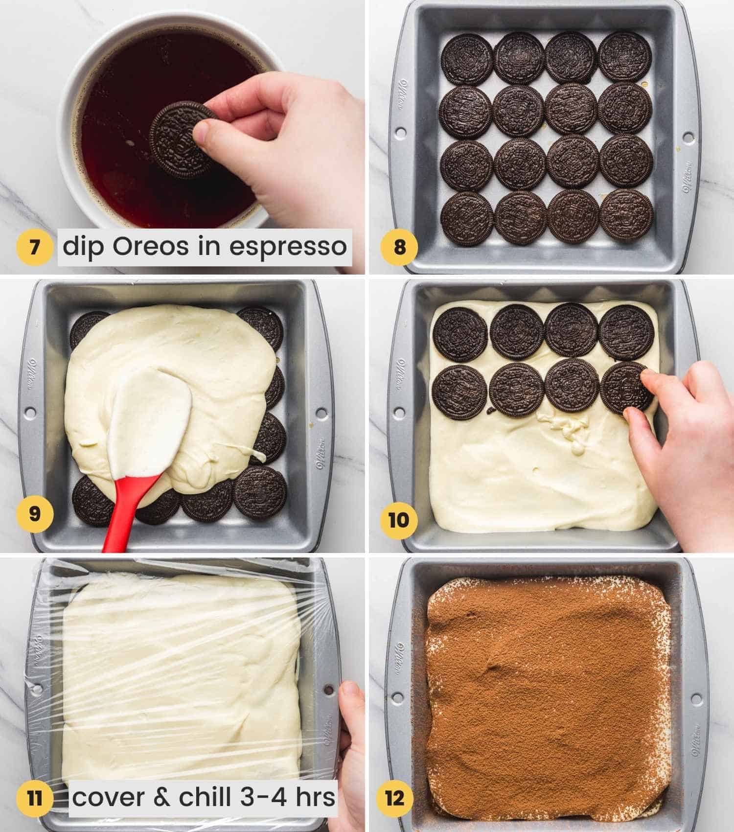 A collage with 6 images how to layer Oreo tiramisu