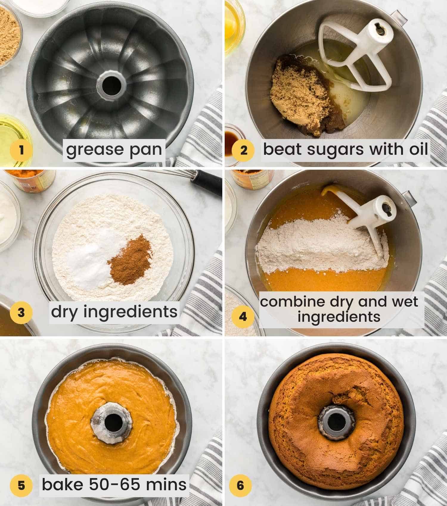 A collage with 6 images on how to make a pumpkin bundt cake