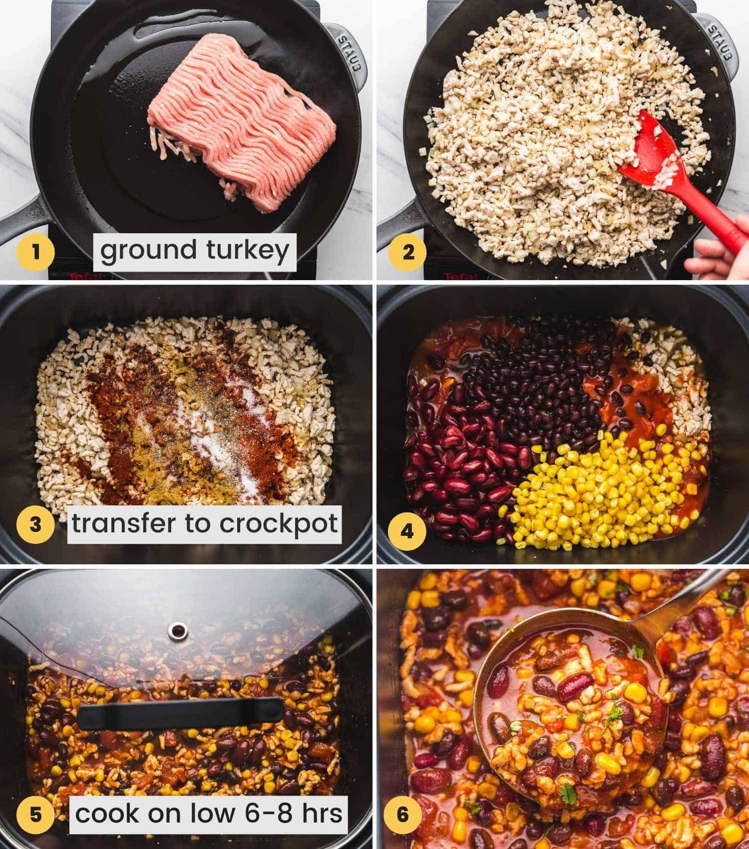 A collage with 6 images showing how to make turkey chili in the Crockpot