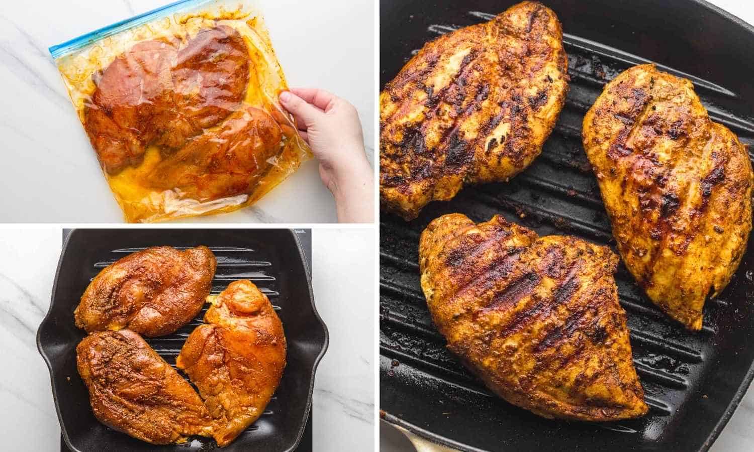 A collage with 3 images on how to grill chicken in a grill pan