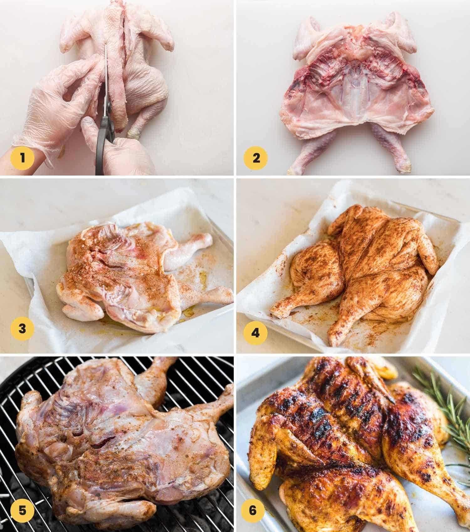 A collage with 6 images, how to spatchcock and grill a chicken